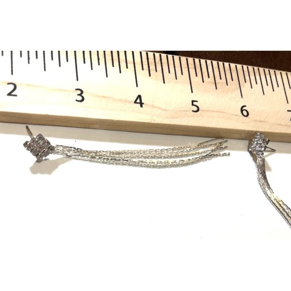 Adorable Dangle Rhinestone Earrings 3 Inch Drop Silver Color Strands Wedding - Picture 3 of 4